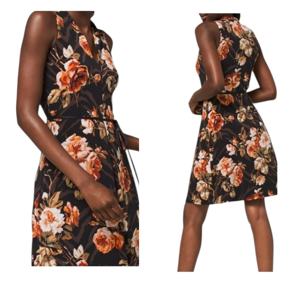 WHBM XS Terrace Floral Black V-Neck Shift Jersey Dress With Metal Tassel Belt